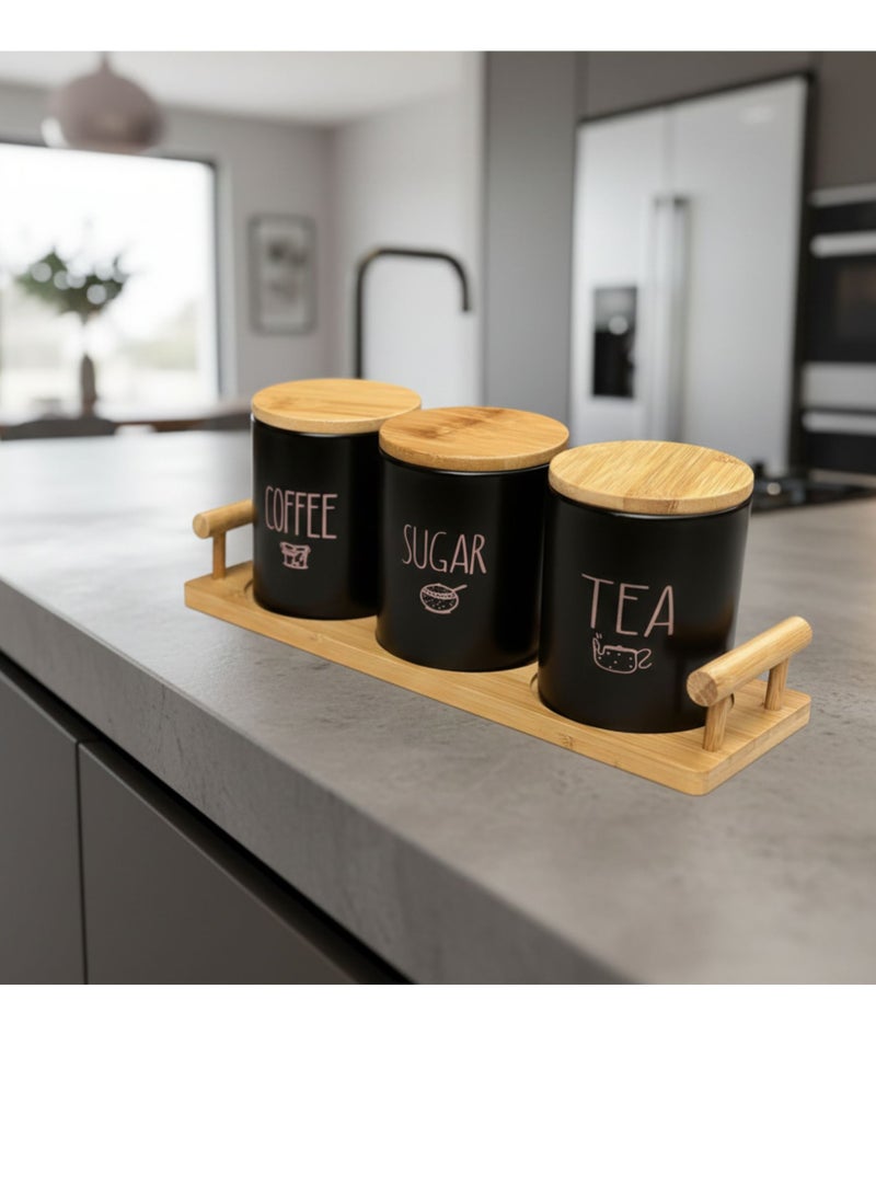 كذا هوم طقم برطمانات مطبخ بورسالين 3 قطع – قهوة وسكر وشاي بأغطية وقاعدة من الخشب البامبو، منظم عصري للسطح - Image 1