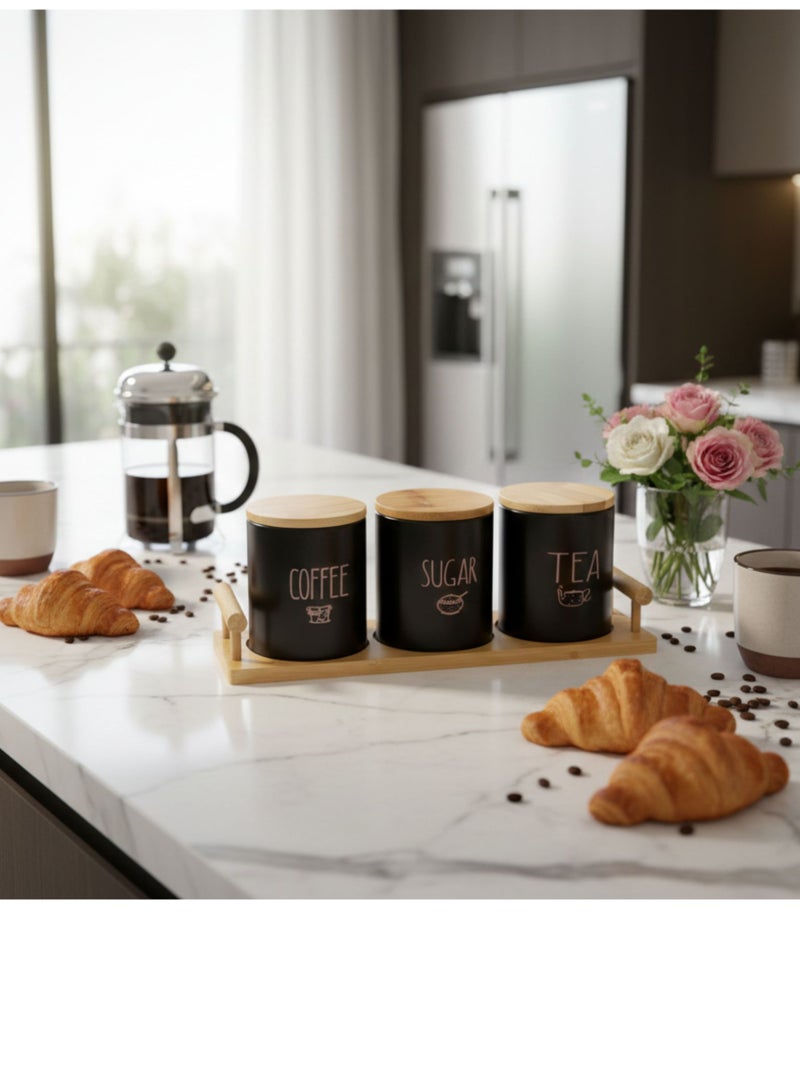 كذا هوم طقم برطمانات مطبخ بورسالين 3 قطع – قهوة وسكر وشاي بأغطية وقاعدة من الخشب البامبو، منظم عصري للسطح - Image 2