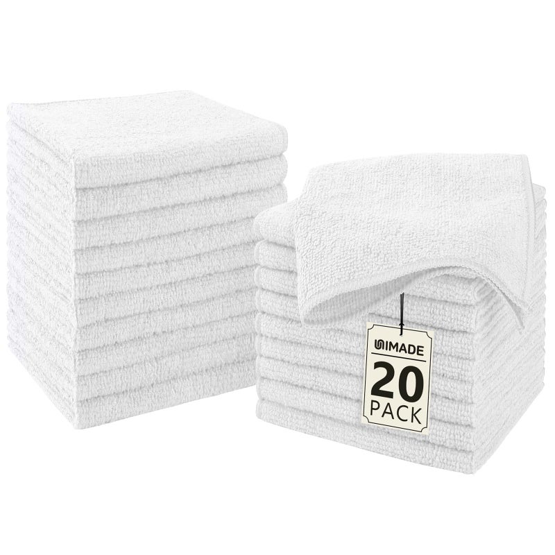UNIMADE Washcloths - 20 Pack - Face Towels (12" x 12"), Highly Soft Wash Cloths and Hand Towels, Fast Drying Multi-Purpose Microfiber Cleansing Cloths for Bathroom, Hotel, Spa, and Salon - White - Image 1