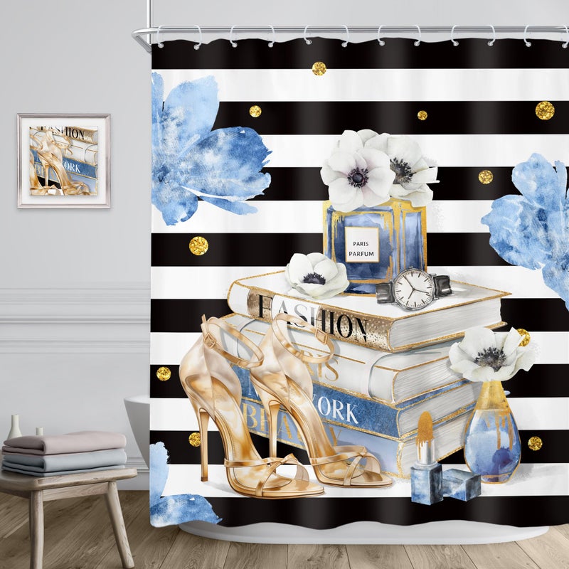 Riyidecor Fashion Shower Curtain 60Wx72H Inch Black White Stripes Blue Gold Floral Modern Magazine Book Perfume High Heels Girls Women Quotes Bathroom Decor Fabric Polyester Waterproof 12 Pack Hooks - Image 3