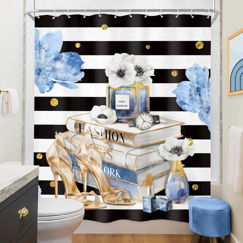 Riyidecor Fashion Shower Curtain 60Wx72H Inch Black White Stripes Blue Gold Floral Modern Magazine Book Perfume High Heels Girls Women Quotes Bathroom Decor Fabric Polyester Waterproof 12 Pack Hooks - Image 4