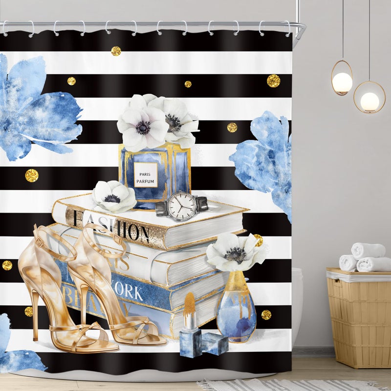 Riyidecor Fashion Shower Curtain 60Wx72H Inch Black White Stripes Blue Gold Floral Modern Magazine Book Perfume High Heels Girls Women Quotes Bathroom Decor Fabric Polyester Waterproof 12 Pack Hooks - Image 2
