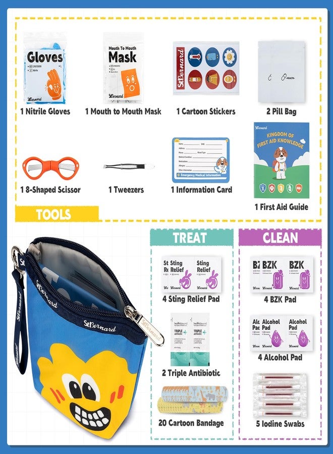 StBernard Kids First Aid Kit, EDC Mini Portable Medical Kit with Cute Bandages, Triple Antibiotic for Children's Daily Boo-Boos, Suits for Home, School, Hiking, Cub Scouts, Backpacking (Blue) - Image 2