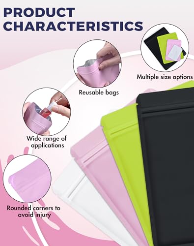 FireKylin 100 Pack Resealable Packaging Bags for Small Business Double-Sided Color Smell Proof Bags for Food Storage Flat Bags (Pink, 2.7" x 3.8") - Image 2