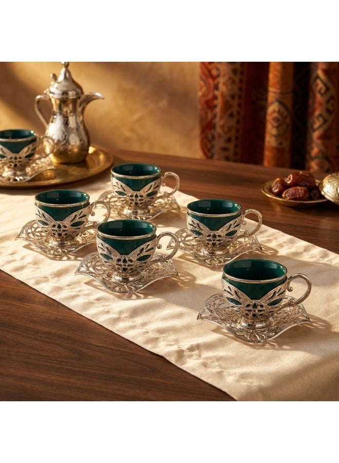 Acar Luxury Turkish Coffee Set of 6 Cups with Holders and Saucers in Elegant Ottoman Style in Green & Silver – Made in Turkey - Image 1