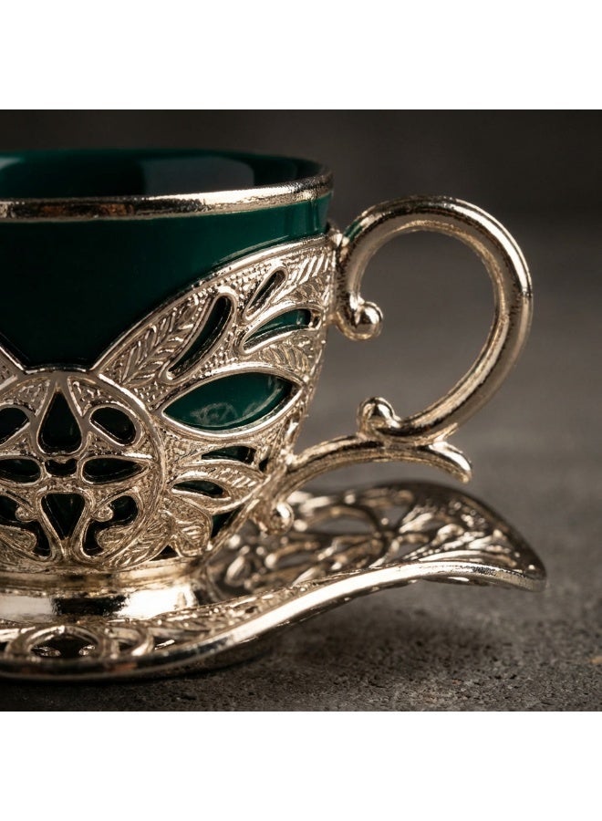 Acar Luxury Turkish Coffee Set of 6 Cups with Holders and Saucers in Elegant Ottoman Style in Green & Silver – Made in Turkey - Image 2