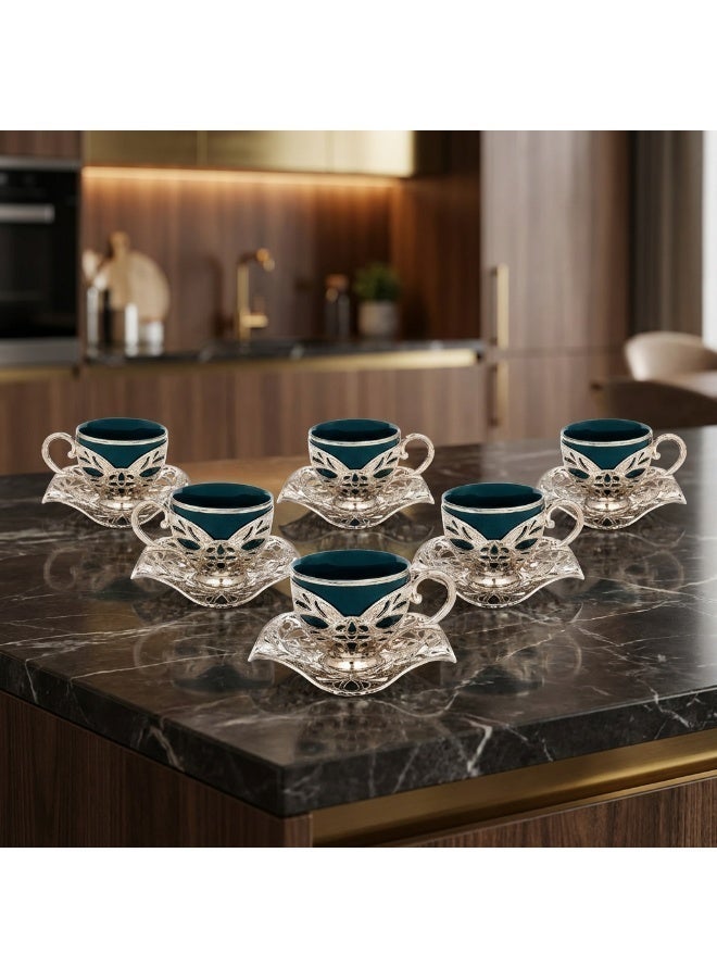 Acar Luxury Turkish Coffee Set of 6 Cups with Holders and Saucers in Elegant Ottoman Style in Green & Silver – Made in Turkey - Image 3
