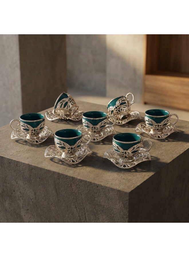 Acar Luxury Turkish Coffee Set of 6 Cups with Holders and Saucers in Elegant Ottoman Style in Green & Silver – Made in Turkey - Image 4