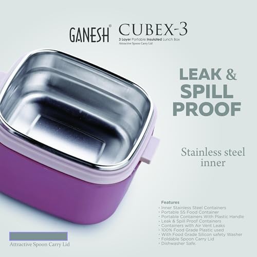 Ganesh 3 Compartment Cubex Insulated Food Container with Attractive Spoon - Airtight Leak-Proof Lunch Box for Office, School, Picnic 1140ml- Peach - Image 5