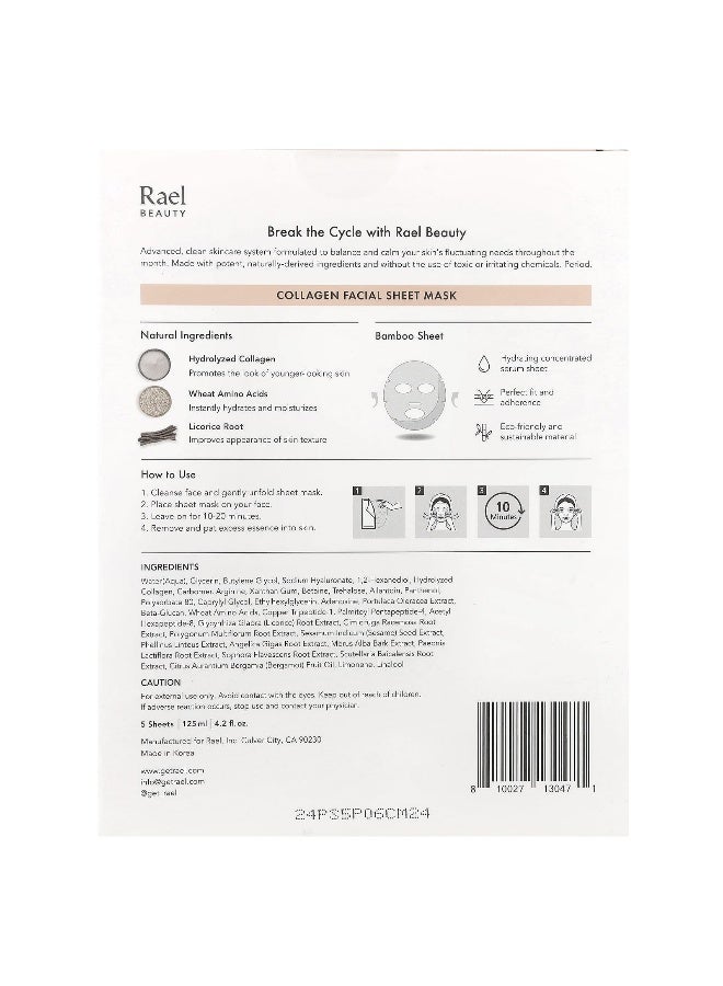 Rael, Beauty, Collagen Facial Beauty Sheet Masks, 5 Sheets, 0.84 fl oz (25 ml) Each - Image 3