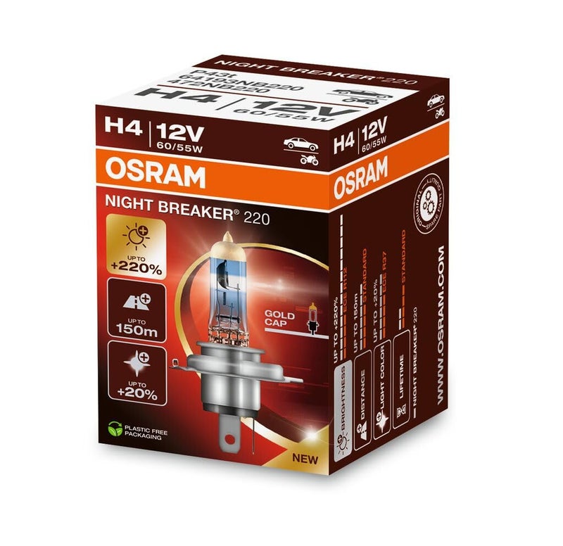 OSRAM Night Breaker 220, H4, 220% More Brightness, Halogen Headlight Bulb, 64193NB220, Folding Box (1 Lamp) - Image 1