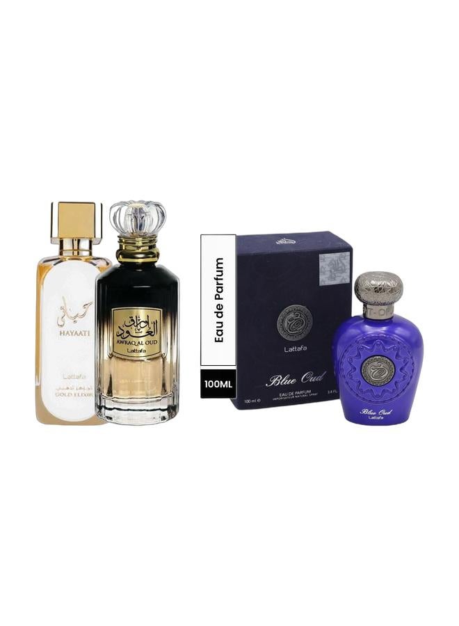 Lattafa Blue Oud EDP 100ml, Hayaati Gold Elixir EDP 100ml, and Awraq Al Oud 100ml - Image 1