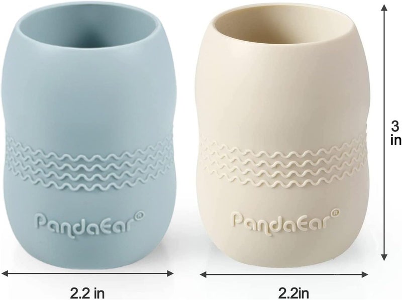 PandaEar مجموعة تغذية الأطفال من باندا إير مصنوعة من السيليكون، طبق مقسم مع 2 طبق شفط و2 كوب صغير مع 2 ملعقة، مستلزمات الفطام الذاتي للأطفال، باللون الأزرق والأبيض - Image 3