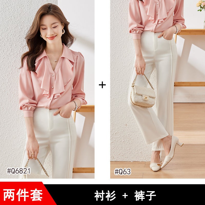 Autumn 2023 New Ruffled Pink Chiffon Shirt Womens Elegant Spring and Autumn Long Sleeve Lapel Thin Shirt Shirt Pink shirt white trousers
