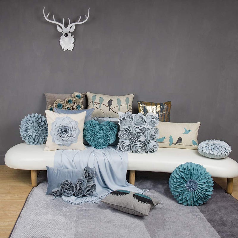 JWH Decorative Flower Throw Pillow Cover Round Cushion Sunflower Accent Pillow Case Small Pillowcase for Couch Living Room Bed Bedroom Decor 12 Inch Light Blue - Image 2