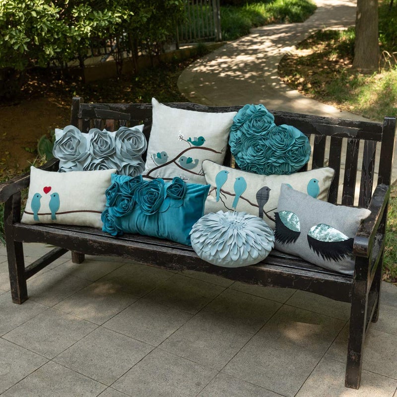 JWH Decorative Flower Throw Pillow Cover Round Cushion Sunflower Accent Pillow Case Small Pillowcase for Couch Living Room Bed Bedroom Decor 12 Inch Light Blue - Image 3