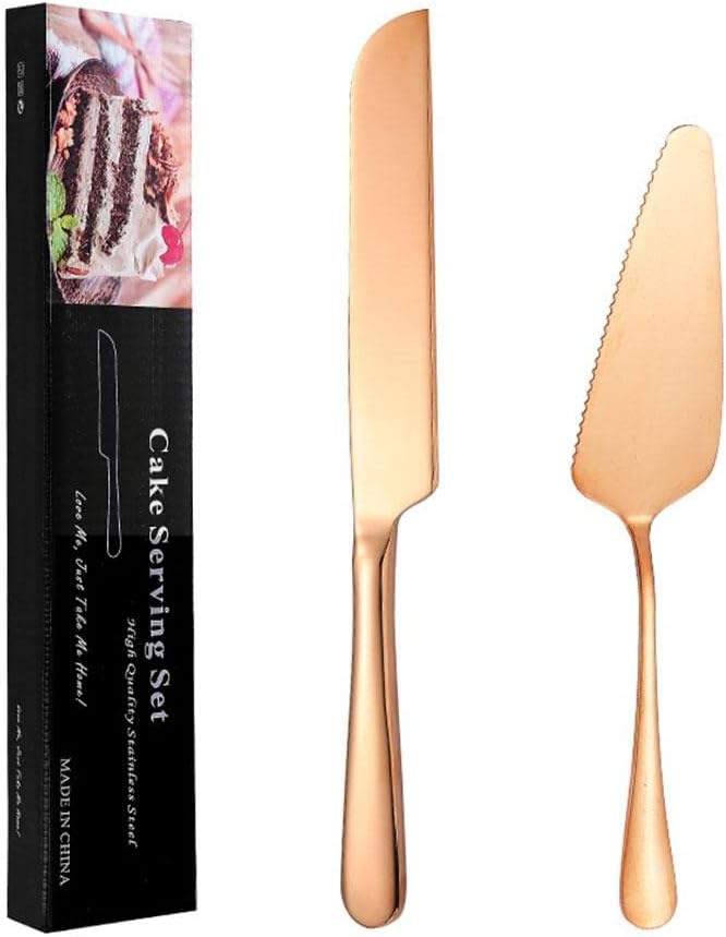 woobles Cake Cutting Set for Wedding, Elegant Cake Knife and Server Set with Thickened Stainless Steel and Rounded Edges, Cake Cutter and Pie Spatula for Birthday Anniversary Set of 2 A Rose Gold - Image 1