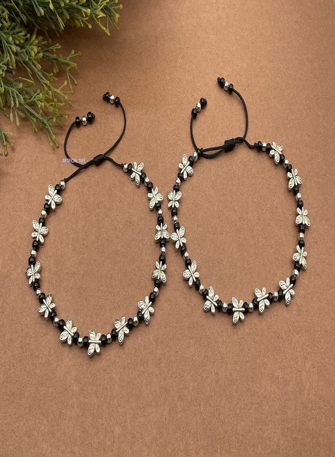 ARTIFICIAL TREE German Silver Butterfly Charms Black Thread Adjustable Anklets for Women and Girls | Nazar Battu | (AT ANK 055) - Image 2