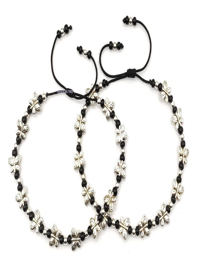 ARTIFICIAL TREE German Silver Butterfly Charms Black Thread Adjustable Anklets for Women and Girls | Nazar Battu | (AT ANK 055) - Image 1