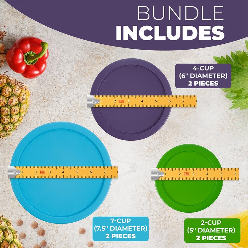 MRX Solutions Replacement Lids for Pyrex Containers Round Glass Food Plastic (2) 2-Cup Green (2) 4-Cup Purple (2) 7-Cup Light Blue - Image 3