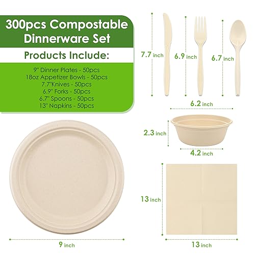 FEHHTO Disposable Paper Plates Set 300PCS Compostable Sugarcane Plates, Bowls, Heavy-duty Utensil, Biodegradable Napkins, Eco-friendly Dinnerware Set for Party Camping 50 People - Image 2