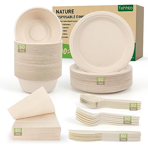 FEHHTO Disposable Paper Plates Set 300PCS Compostable Sugarcane Plates, Bowls, Heavy-duty Utensil, Biodegradable Napkins, Eco-friendly Dinnerware Set for Party Camping 50 People - Image 1