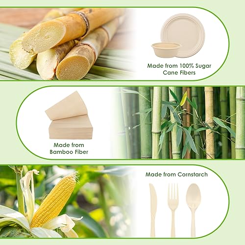 FEHHTO Disposable Paper Plates Set 300PCS Compostable Sugarcane Plates, Bowls, Heavy-duty Utensil, Biodegradable Napkins, Eco-friendly Dinnerware Set for Party Camping 50 People - Image 3