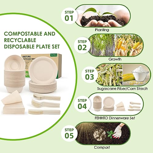 FEHHTO Disposable Paper Plates Set 300PCS Compostable Sugarcane Plates, Bowls, Heavy-duty Utensil, Biodegradable Napkins, Eco-friendly Dinnerware Set for Party Camping 50 People - Image 5