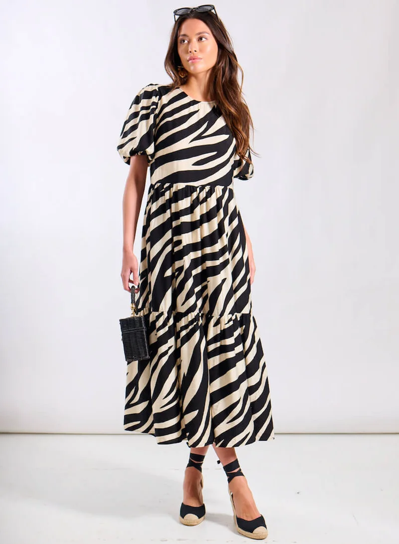 Cream Animal Viscose Puff Sleeve Midi Dress