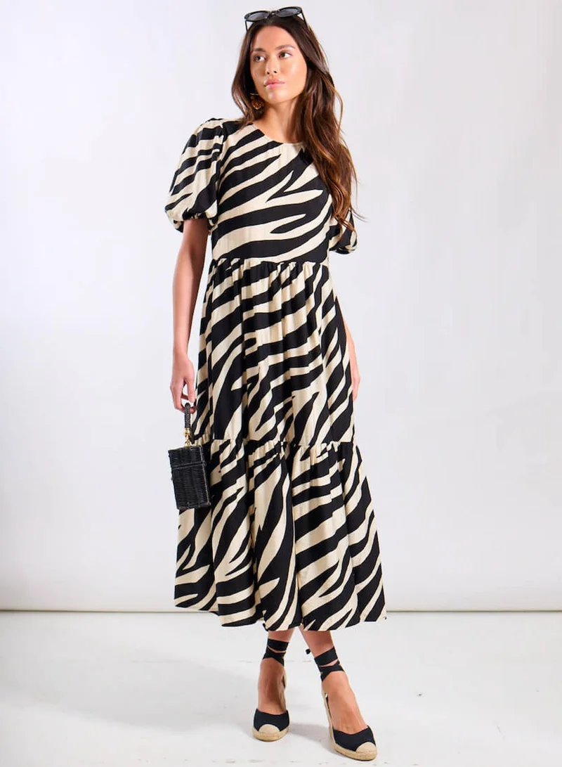 نيدز نو ليبل Cream Animal Viscose Puff Sleeve Midi Dress