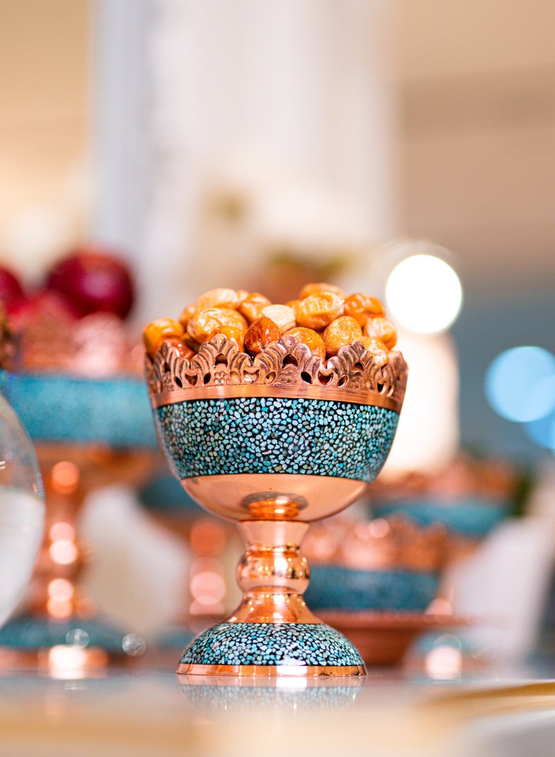 Aghajani Handcrafted Copper and Turquoise Chalice Bowl, 11cm Vintage-Inspired Fruit and Nut Holder Trough for Home Decor - Image 1
