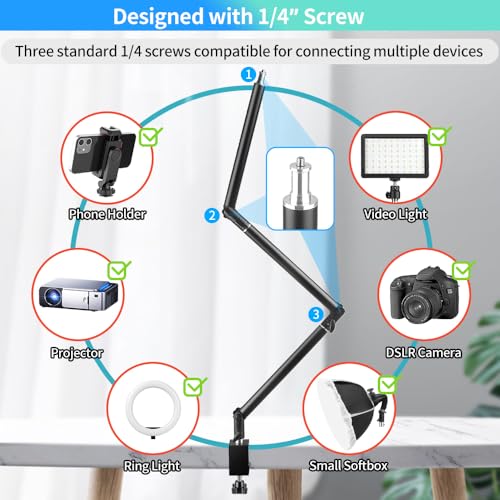 JEBUTU Heavy Duty Overhead Camera Desk Mount Stand 14.5"-41" with 1/4" Screw, 3-Section 360°Rotatable Detachable Articulating Boom Arm with Enlarged Handle C Clamp, Tabletop Light Stand for Streaming Vlog - Image 5