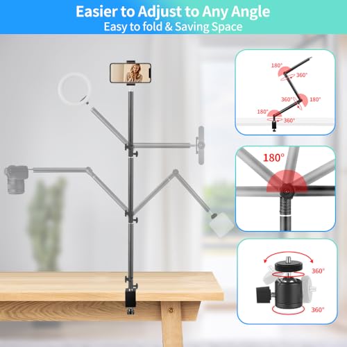 JEBUTU Heavy Duty Overhead Camera Desk Mount Stand 14.5"-41" with 1/4" Screw, 3-Section 360°Rotatable Detachable Articulating Boom Arm with Enlarged Handle C Clamp, Tabletop Light Stand for Streaming Vlog - Image 4