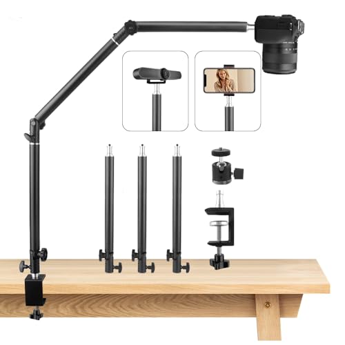JEBUTU Heavy Duty Overhead Camera Desk Mount Stand 14.5"-41" with 1/4" Screw, 3-Section 360°Rotatable Detachable Articulating Boom Arm with Enlarged Handle C Clamp, Tabletop Light Stand for Streaming Vlog - Image 1