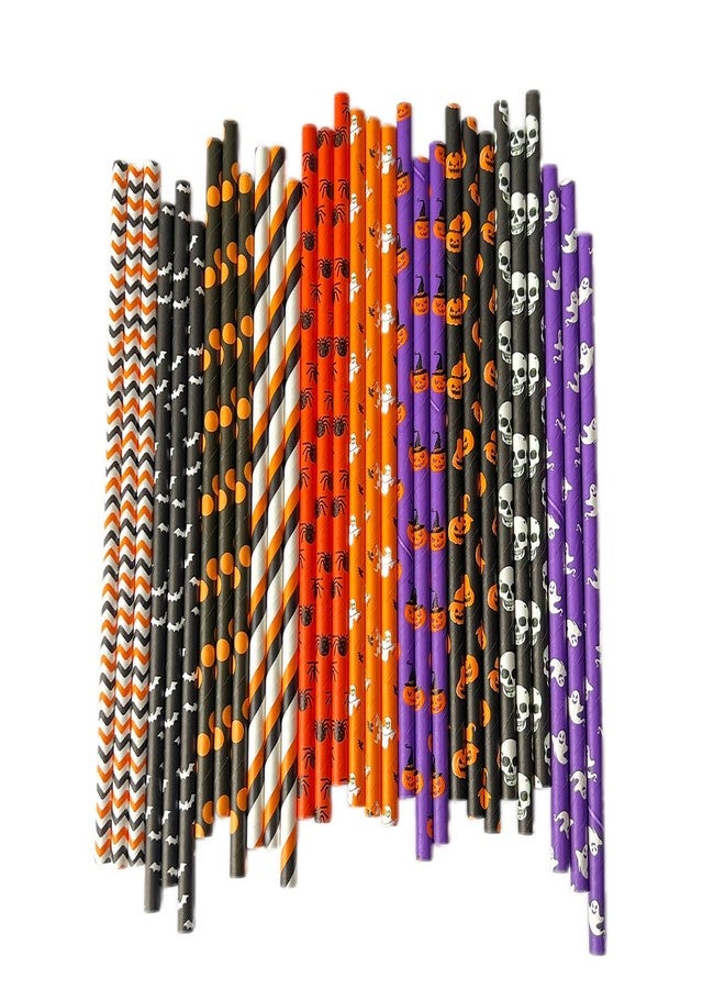 YAOSHENG paper straws 200 pieces. Halloween party decoration straws are biodegradable. Environmentally friendly disposable paper straws.10 mixing styles, ghost head, skull, pumpkin, bat, etc. (100) - Image 2