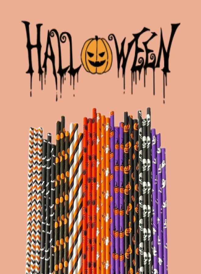 YAOSHENG paper straws 200 pieces. Halloween party decoration straws are biodegradable. Environmentally friendly disposable paper straws.10 mixing styles, ghost head, skull, pumpkin, bat, etc. (100) - Image 5