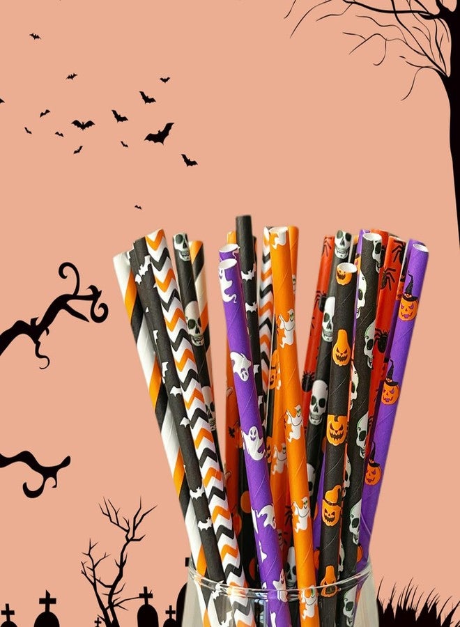 YAOSHENG paper straws 200 pieces. Halloween party decoration straws are biodegradable. Environmentally friendly disposable paper straws.10 mixing styles, ghost head, skull, pumpkin, bat, etc. (100) - Image 4