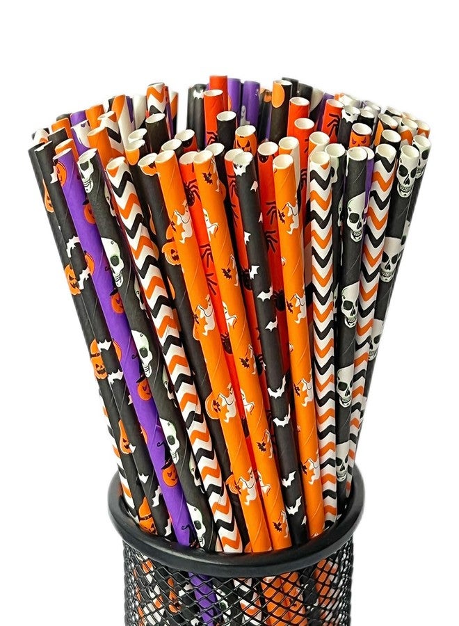 YAOSHENG paper straws 200 pieces. Halloween party decoration straws are biodegradable. Environmentally friendly disposable paper straws.10 mixing styles, ghost head, skull, pumpkin, bat, etc. (100) - Image 1