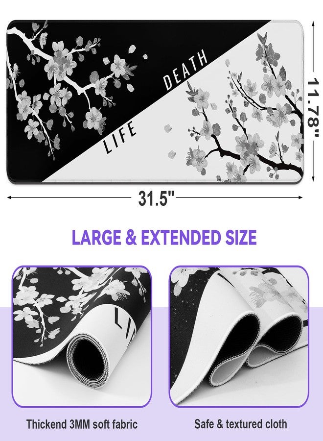 DIGSOM Mouse Pad Gaming Keyboard Pad 31.5 x 11.8 in Gaming Mouse Pad with Anti-Slip Rubber Base and Stitched Edges, Japanese Life Death Keyboard Mat(Black with White Cherry Blossom) - Image 2