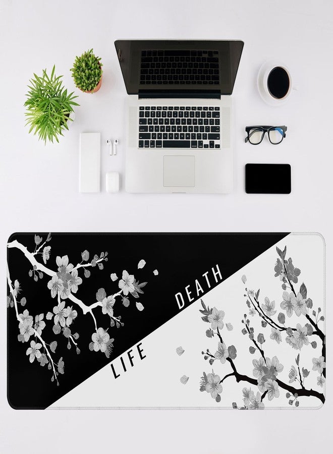 DIGSOM Mouse Pad Gaming Keyboard Pad 31.5 x 11.8 in Gaming Mouse Pad with Anti-Slip Rubber Base and Stitched Edges, Japanese Life Death Keyboard Mat(Black with White Cherry Blossom) - Image 3