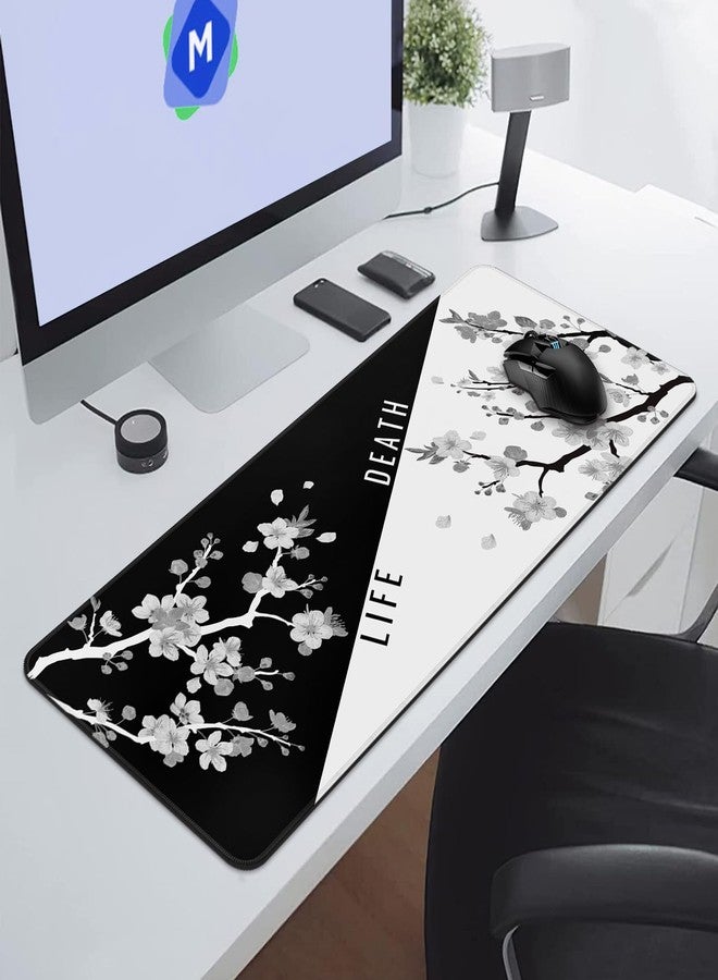 DIGSOM Mouse Pad Gaming Keyboard Pad 31.5 x 11.8 in Gaming Mouse Pad with Anti-Slip Rubber Base and Stitched Edges, Japanese Life Death Keyboard Mat(Black with White Cherry Blossom) - Image 4