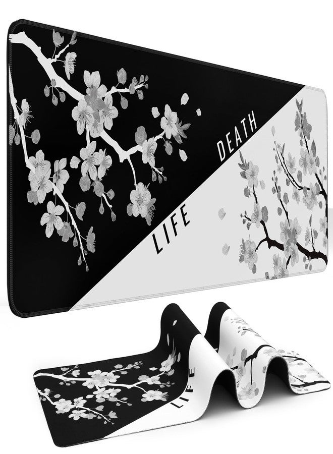 DIGSOM Mouse Pad Gaming Keyboard Pad 31.5 x 11.8 in Gaming Mouse Pad with Anti-Slip Rubber Base and Stitched Edges, Japanese Life Death Keyboard Mat(Black with White Cherry Blossom) - Image 1