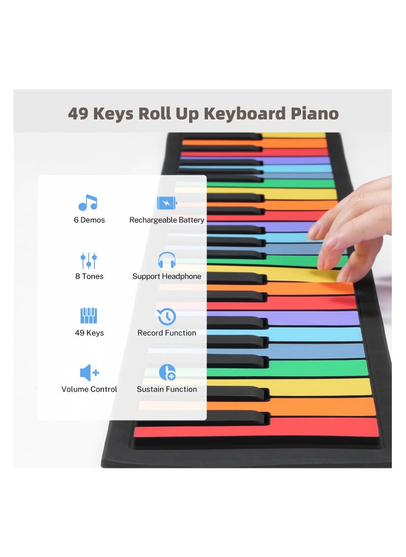 SYOSI 49 Key Roll Up Keyboard Piano, Rechargeable, Recording Feature, 8 Tones, 6 Educational Demo Songs & Build-in, Portable Digital Electric Piano Keyboard, Educational Piano, for Beginners Gift  - Image 3