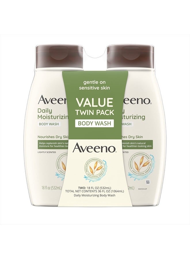 Aveeno غسول الجسم المرطب اليومي للبشرة الجافة والحساسة، غسول الشوفان يغذي البشرة الجافة بالرطوبة، الشوفان المهدئ والبروبيوتيك ومرطبات غنية، عطر خفيف، عبوة مزدوجة، 18 أونصة سائلة - Image 1