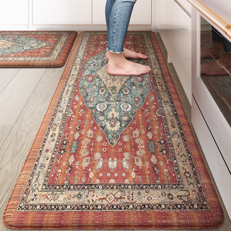 Collive Boho Kitchen Mats for Floor Kitchen Mats Cushioned Anti Fatigue Waterproof Kitchen Rugs Sets of 2 NonSkid Comfort Standing Mat for Kitchen Office Sink Laundry 20x3220x48Red