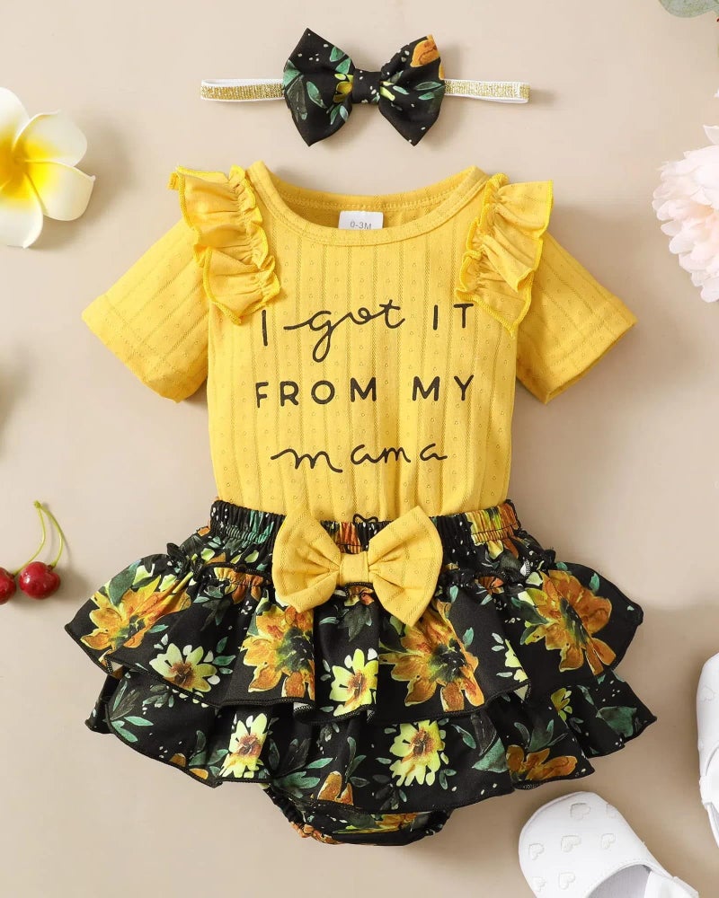 Mioglrie Baby Girl Clothes Newborn 0-3 Months Summer Outfits Infant Ruffle Sleeve Rompers Yellow Floral Skirt Shorts Set Cute Baby Girls' Clothing - Image 2