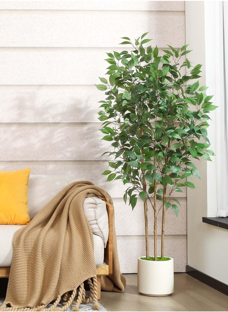 Arabest Ficus Artificial Tree 5ft Tall Fake Ficus Tree for Home Decor Indoor Faux Silk Ficus Plant Fake Floor Plant in White Imitation Ceramic Planter with Green Fake Moss, Set of 1  - Image 2