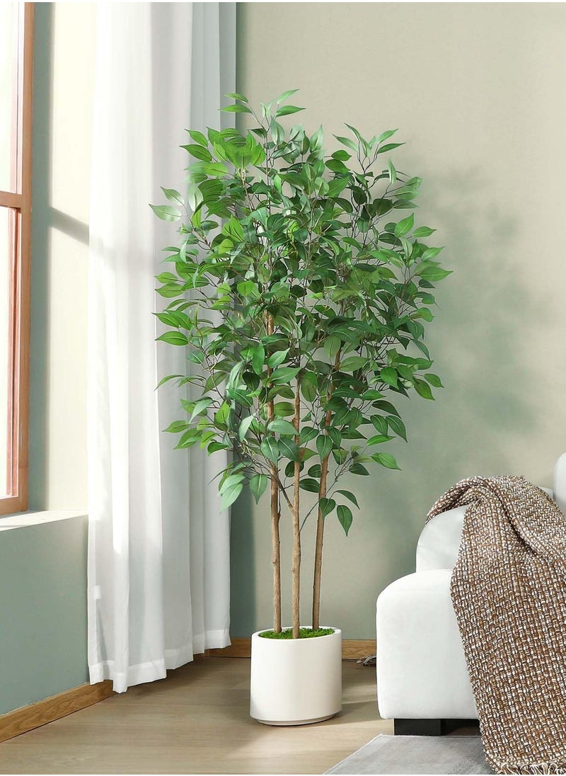 Arabest Ficus Artificial Tree 5ft Tall Fake Ficus Tree for Home Decor Indoor Faux Silk Ficus Plant Fake Floor Plant in White Imitation Ceramic Planter with Green Fake Moss, Set of 1  - Image 3