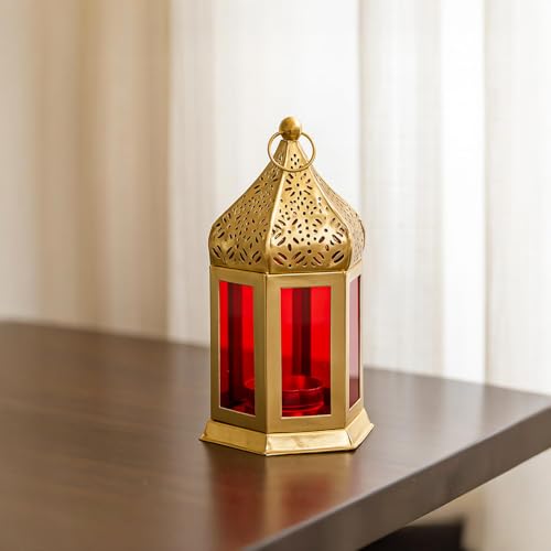 MARKET 99 Metal Glass Royal Lantern | Golden Red Tealight Candle Holder | Decorative Home Décor Lamp | Festive Lighting for Diwali, Christmas, Wedding & Party Table Setup (Use LED T-Light Only) - Image 1