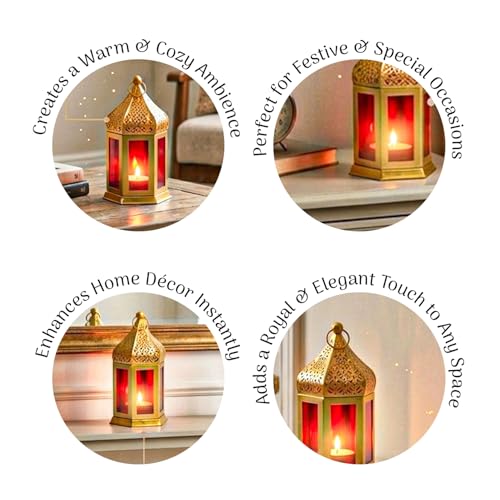 MARKET 99 Metal Glass Royal Lantern | Golden Red Tealight Candle Holder | Decorative Home Décor Lamp | Festive Lighting for Diwali, Christmas, Wedding & Party Table Setup (Use LED T-Light Only) - Image 2